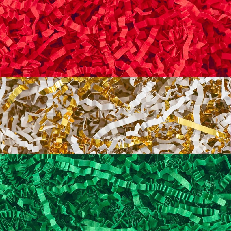 CIPOWM 10.6oz Christmas Crinkle Cut Paper Shred, 3 Colors Red Green Gold Raffia Paper Shred Filler Grass for Gift Wrapping Craft DIY Gift Bag Box Filling Party Supply - Image 3